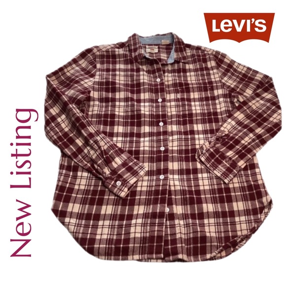Levis Boyfriend Fit Women’s Flannel S Shirt Maroon Red Plaid Grunge - Picture 1 of 11